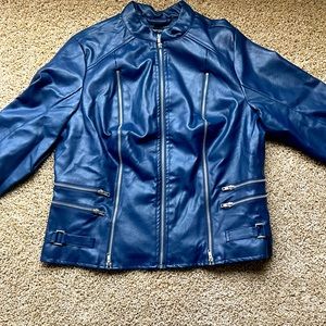 Navy Blue Faux Leather Biker Jacket